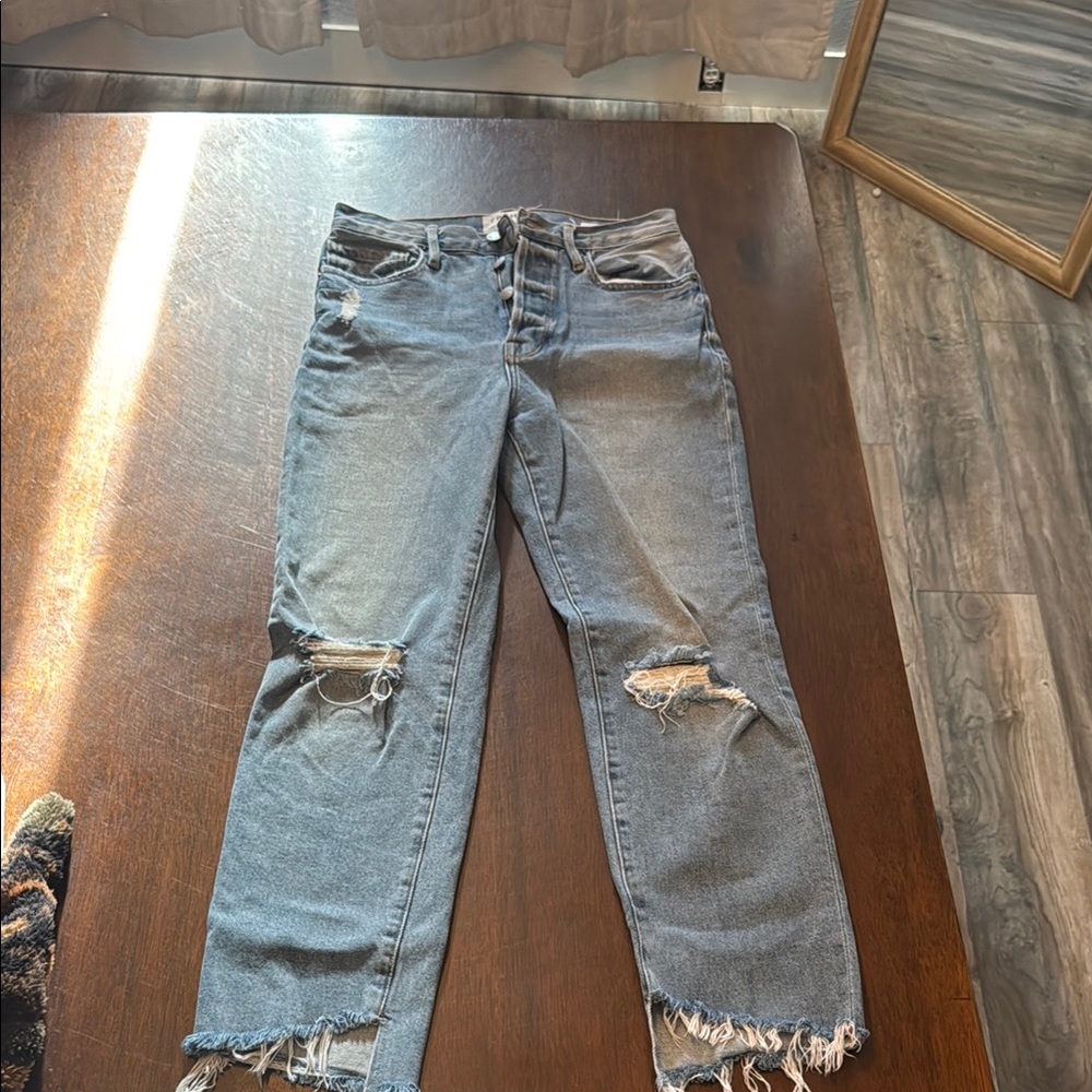 Frame Denim Blue Cropped Distressed Jeans